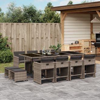 vidaXL Set Comedor De Jard&iacute;n Con Cojines 13 Pzas Rat&aacute;n Sint&eacute;tico Gris Vidaxl