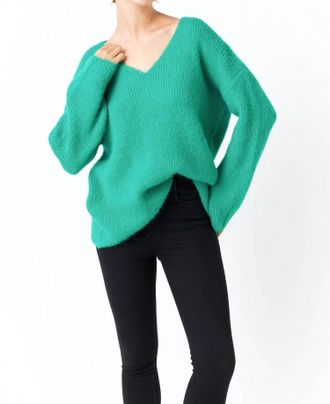 endless rose Furry V Neck Sweater In Green