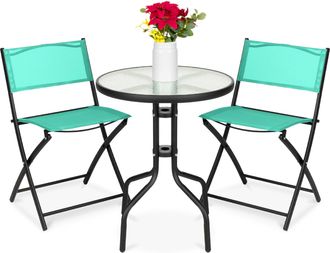Best Choice Products 3-Piece Patio Bistro Dining Furniture Set w/ Round Textured Glass Tabletop, Folding Chairs