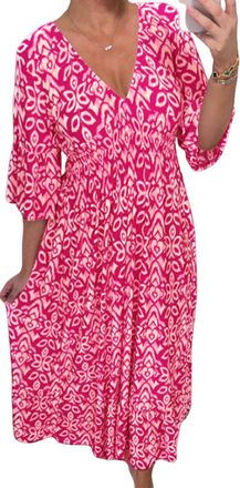 Generic Womens Bohemian Casual Print V-Neck Waist wrap Wrap 3/4 Sleeve Midi Plus Summer Floral Dress (Rose,3XL)