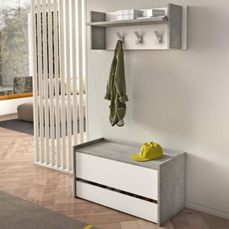 Dmora Mueble De Entrada Brionia, Entrada Moderna Con Perchero, Mueble Con Zapatero, Armario Multifunci&oacute;n, Cm 50x32h182, Cemento Y Blanco, Con Embalaje Refor