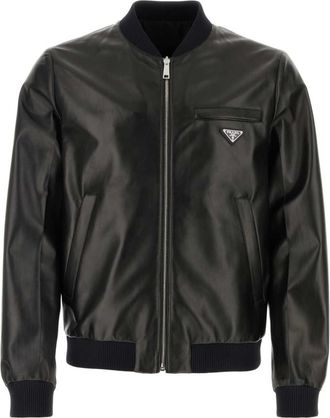Prada Black Triangle Logo Leather Reversible Bomber Jacket