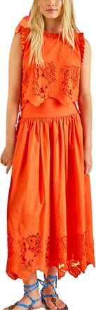 Hunter Bell Nathalie Pull-On Midi Skirt In Tangerine Tango Embroidery