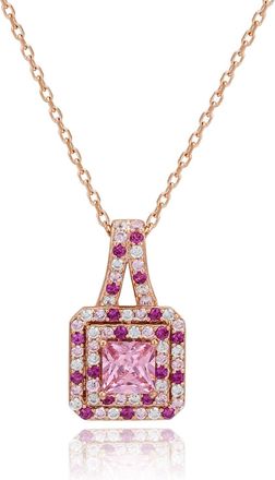 Suzy Levian Rosed Sterling Silver Pink Asscher-Cut Cubic Zirconia Multicolor Halo Pendant