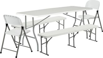 Harbour Housewares Folding Camping Picnic Table, Bench & Chair Set - 180cm (6ft) in White