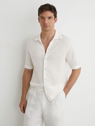 Reiss White Textured-knit Button-through Shirt, Xxl