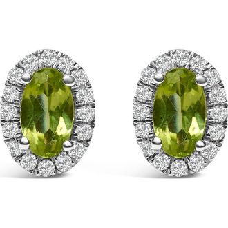 House of Brilliance 10K White Gold 5x3 MM Oval Cut Birthstone and Diamond Halo Stud Earrings in Green Peridot at Nordstrom