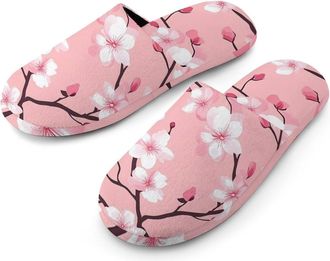 Generic Cherries Florals Blossoms Cotton Slippers for Men Memory Foam House Slippers Soft Anti-skid Sole Indoor Outdoor Shoes