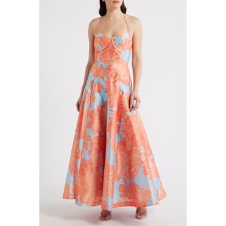 Hutch Saige Floral Sweetheart Neck Cocktail Dress in Sky/Coral Layered Peonies at Nordstrom, Size 00