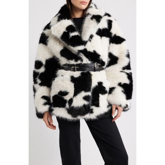AFRM Livingstone Cow Print Faux Fur Jacket in Cattle Print Fur at Nordstrom, Size Xx-Small