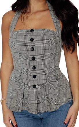 Olivaceous Plaid Peplum Button Front Cami In Grey Combo