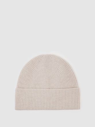 Reiss Light Oatmeal Melange Merino Wool Rib-knit Beanie