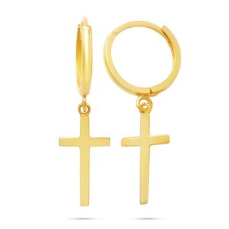 MAX + STONE 10k Yellow or White Gold Small Huggie Hoop Dangle Cross Earrings
