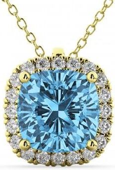 Allurez Halo Blue Topaz Cushion Cut Pendant Necklace 14k Yellow Gold (2.02ct)