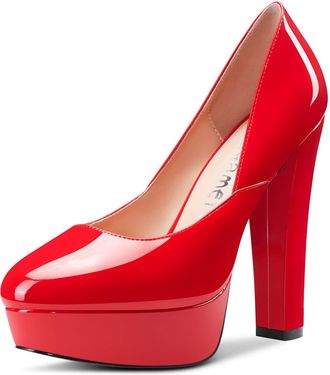 Castamere Women High Heel Chunky Block Platform Round Toe Slip-on Pumps Court Shoe Classic Cute Dress 13 CM Heels Shoes Red 10 UK