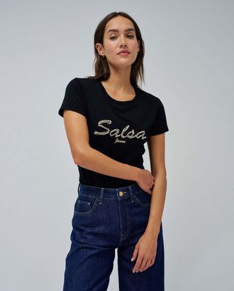 Salsa T-Shirt SALSA Salsa Jeans T-Shirt Lurex Embroidery Branding T-Shirt, Damen, Gr. XS, schwarz, Obermaterial: 100% Baumwolle CO., Shirts T-Shirt