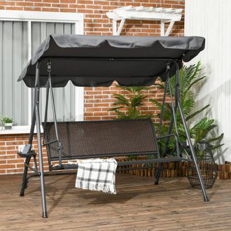 OUTSUNNY 3 Seater Garden Swing Seat, Swing Chair with Adjustable Canopy Rattan Seat in Dark Grey