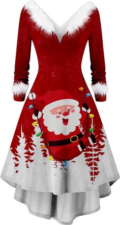 Generic Christmas Jumper Dresses for Women, Women Xmas Santa Gift Summer Dresses for UK Womens Vintage Elegant Maxi Swing Dress Christmas Fancy Dress Outfit C