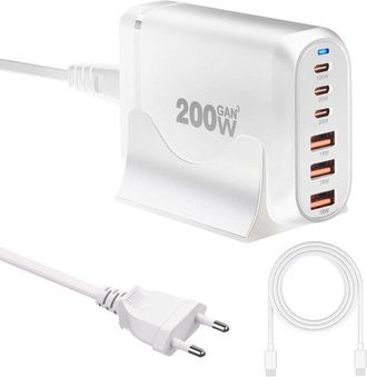 No Brand Cargador R&aacute;pido Usb-c Gan De 200 W Con 6 Puertos, Power Delivery 3.0 Y Qc 3.0, Incluye Cable Usb-c De 100 W, Estaci&oacute;n De Carga Compacta Para Viajes