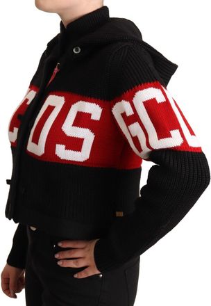 GCDS Womens Black Cashmere Hooded Button Down Logo Cardigan Jacket Clothing