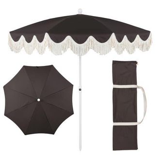 Jonathan Y Designs Mariner 6.5 ft. Classic Cottage Fringe Tassel Market Beach Umbrella with Push Button Tilt in Black - White Pole at Nordstrom