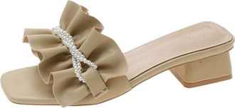 Generic Sandals For Women Ruffled Pearl Beaded Sandals Chunky Heel Slippers Elegant Soft Solid Color Party5.5 UK