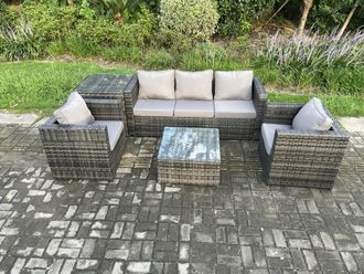 Fimous Outdoor Lounge Sofa Set Wicker PE Rattan Garden Furniture Set with 2 Armchairs Side Table Squar Coffee Table in Dark Grey