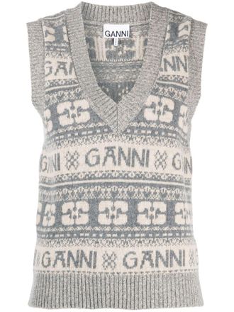 Ganni logo intarsia-knit V-neck vest - women - Wool/Recycled Wool/Polyamide - M - Green