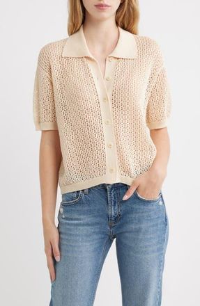 The Great. Open Stitch Short Sleeve Cotton Sweater in Natural at Nordstrom, Size 1