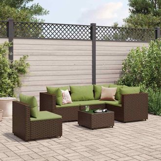 vidaXL Set Muebles De Jard&iacute;n 6 Piezas Y Cojines Rat&aacute;n Sint&eacute;tico Marr&oacute;n Vidaxl