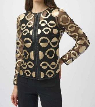 Joseph Ribkoff Mesh And Leatherette Collarless Jacket In Black/gold