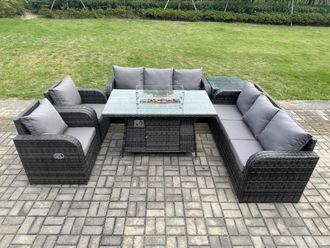 Fimous Rattan Garden Furniture Set with Fire Pit Table, Chair & Side Table 8 Seater Outdoor Patio Lounge Sofa Set Dark Grey Mixed