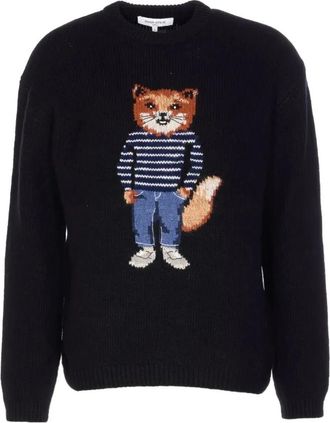 Maison Kitsun&eacute; Dressed Fox Intarsia Wool Jumper - Heren - Ronde hals truien - Zwart - M - Wol - Truien & Vesten