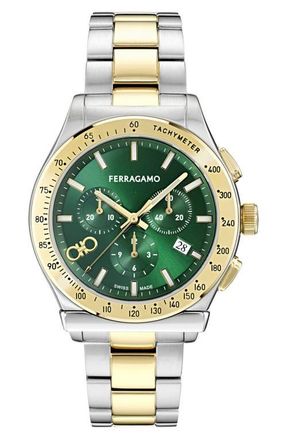 Ferragamo 1927 Chronograph Bracelet Watch, 42mm in Two Tone Green at Nordstrom