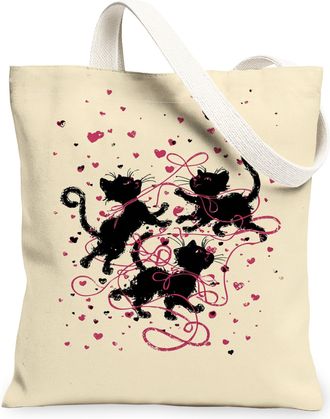 Generic Fanciful Cats Canvas Tote Bag, Playful Kitty Design Reusable Grocery Bags, Lightweight Washable Shoulder Strap Canvas Bags, Beige, 13x15 Inch