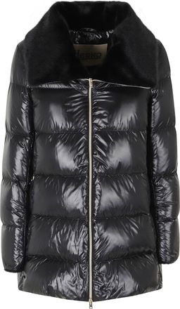 Herno Black Fur-Lined Collar Striped Quilted Polyamide Down Jacket