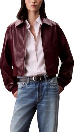 Calvin Klein Jeans Womens Faux Leather Zipup Jacket - Dark Red - Size Medium