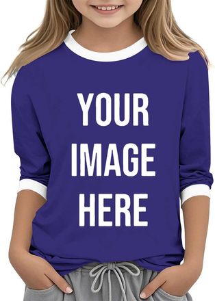 Generic Personalised Kids T Shirt,Girls 3/4 Sleeve Tops Custom T-Shirts UK Create Your Own Design with Any Photo Text Customized Printed Basic Tshirt Casual P