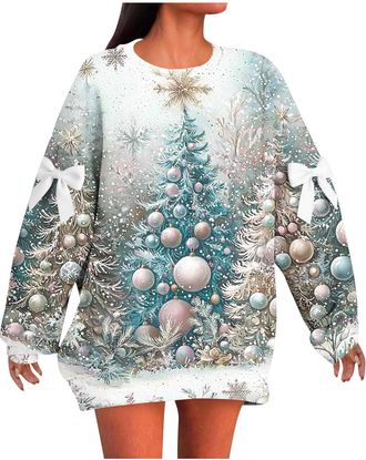 Generic Christmas Jumpers Women Oversized Funny Christmas Tree Printed Jumper Plus Size Novelty Xmas Sweatshirts Graphic Shirts Thicken Autumn Winter Casaul L