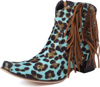 Generic Womens Western Ankle Boots Suede-Like Fringe Detail Pointed Toe Block Heels Side Zip Animal Print Stylish Durable Comfortable Design,Blue,9.5 UK