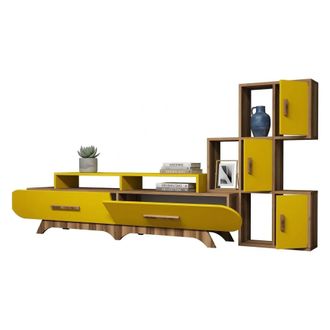 Dmora Pared Modular Serralta, Mueble De Sala, 10 Estantes, 5 Puertas, Color Nogal