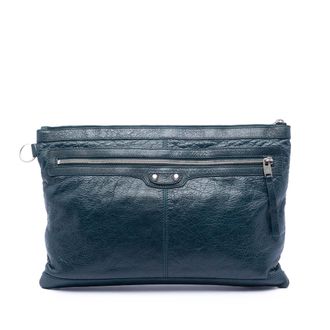 Balenciaga Pre-owned Womens Lambskin Motocross Classic Clip L Clutch - Teal Leather - One Size