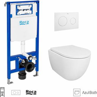 Roca Pack Wc Bastidor Empotrado Roca Duplo Cisterna Empotrada Y Pulsador Pl10 Blanco Mate Con Inodoro Suspendido Swiss 53 Cm Tornado Y Soft-close De Azul B