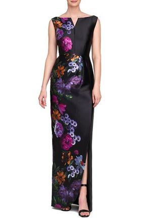 Kay Unger Helene Placed Floral Print Column Gown in Raven/Boysenberry at Nordstrom, Size 6