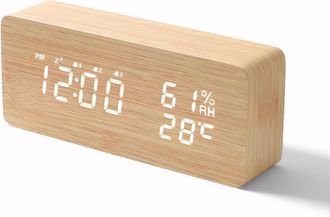 OEM Reloj Despertador Digital Radiocontrolado Con 3 Alarmas Independientes Y Funci&oacute;n De Repetici&oacute;n - Reloj Despertador De Madera Con Indicador De Fecha Y 
