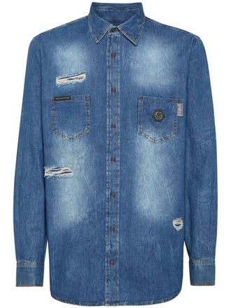 Philipp Plein Camicia denim con effetto vissuto - Blu