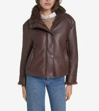 Cole Haan Womens Faux Long Hair Shearling Jacket - Brown Size Medium