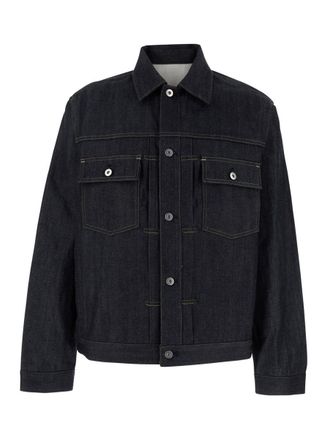 Jil Sander Blue Jacket With Classic Collar And Logo Patch On The Rear In Denim Man