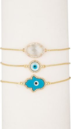 Eye Candy Los Angeles 18K Gold Plated CZ Trim Hamsa Evil Eye Bracelet - Set of 3 at Nordstrom Rack