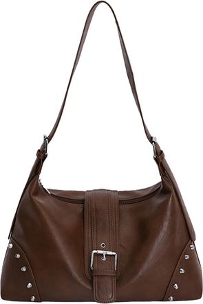 Generic Retro Motocycle Shoulder Bag with Belt Rivet Crossbody Bag for Women (Brown)